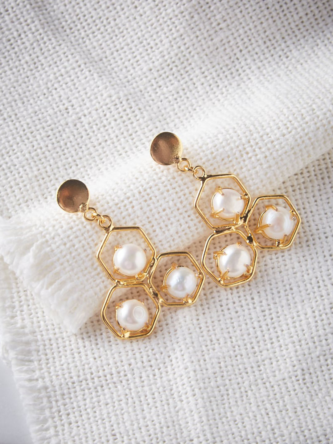 ATIBELLE Gold-Plated & Off White Pearl Geometric Drop Earrings