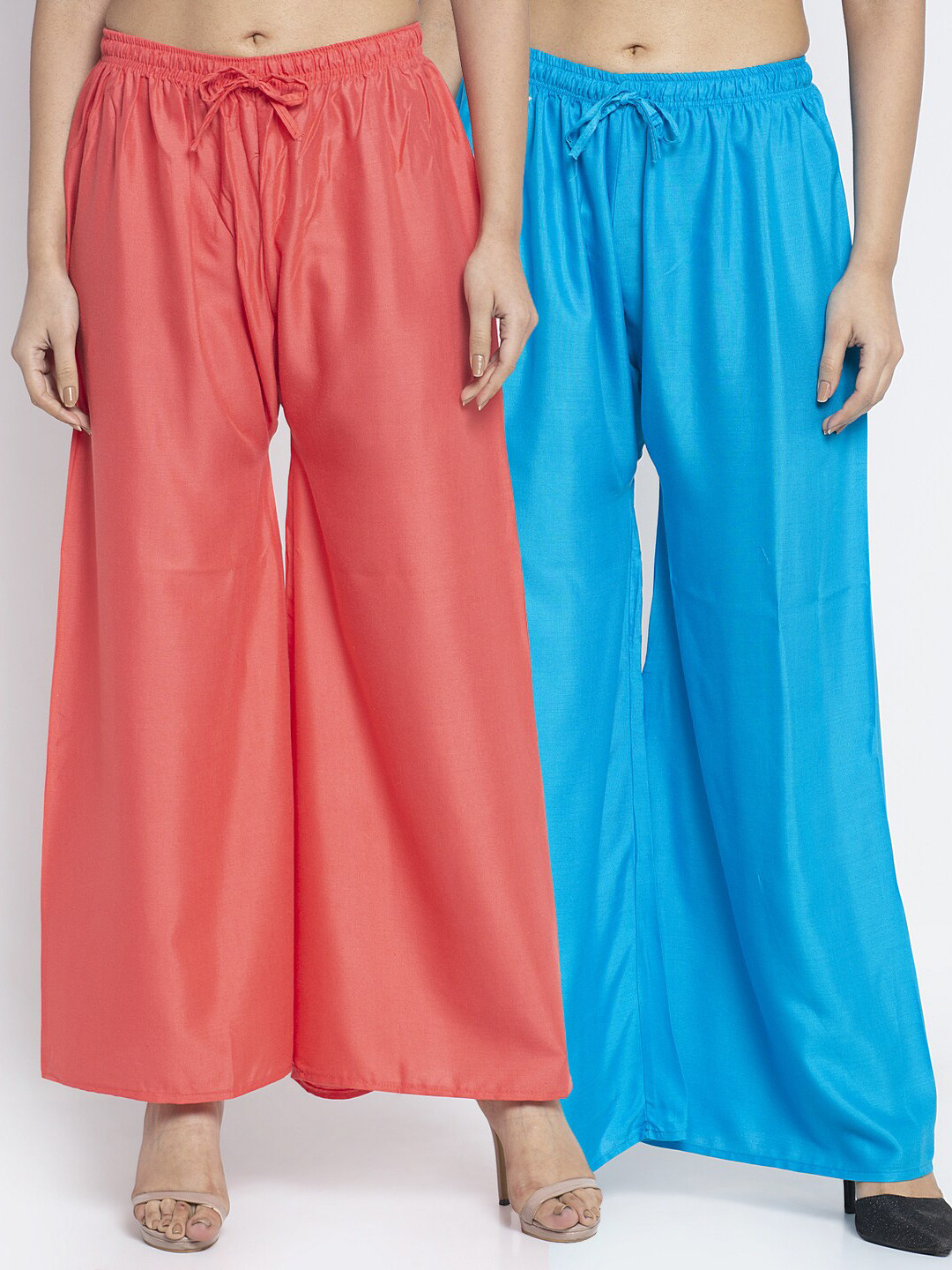 Jinfo Women Set Of 2 Orange & Blue Solid Flared Palazzos