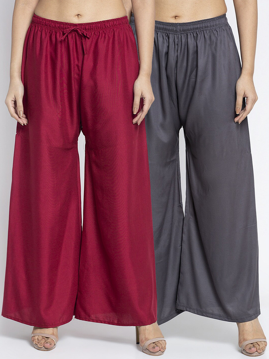 Jinfo Set Of 2 Women Maroon & Grey Flared Ethnic Palazzos