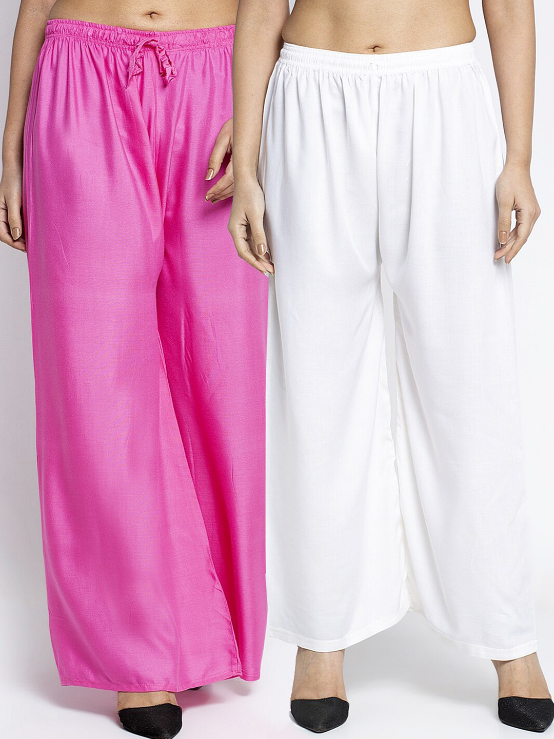 Jinfo Women Pack Of 2 Pink & White Flared Knitted Ethnic Palazzos