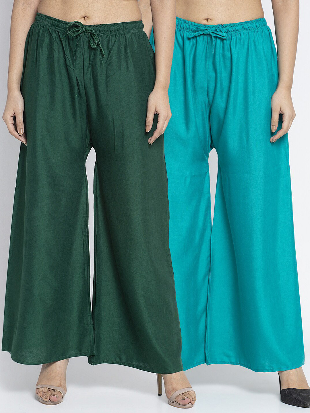 Jinfo Women Pack Of 2 Green & Sea Green Flared Knitted Ethnic Palazzos