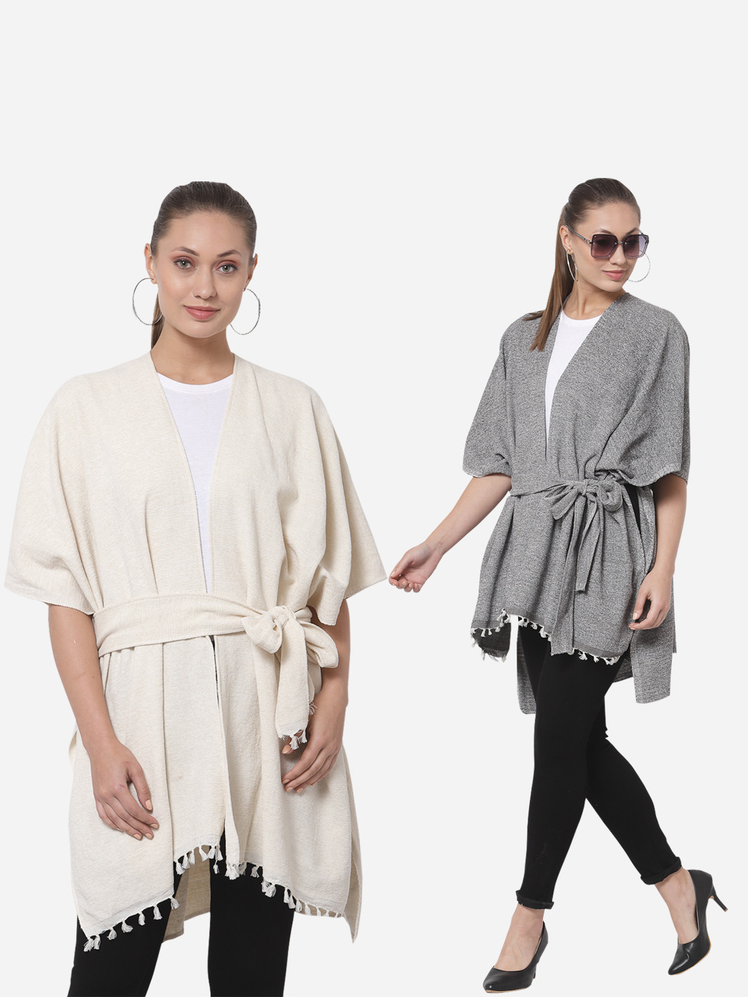 Arrabi Women Pack of 2 White & Grey Tie-Up Shrug