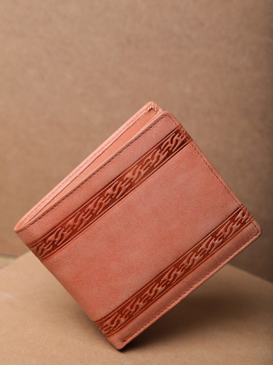 K London Men Orange Abstract Leather Two Fold Wallet