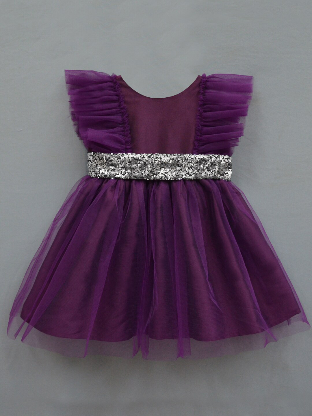 A.T.U.N. Girls Violet & Silver-Toned Solid Round Neck Net Fit & Flare Dress