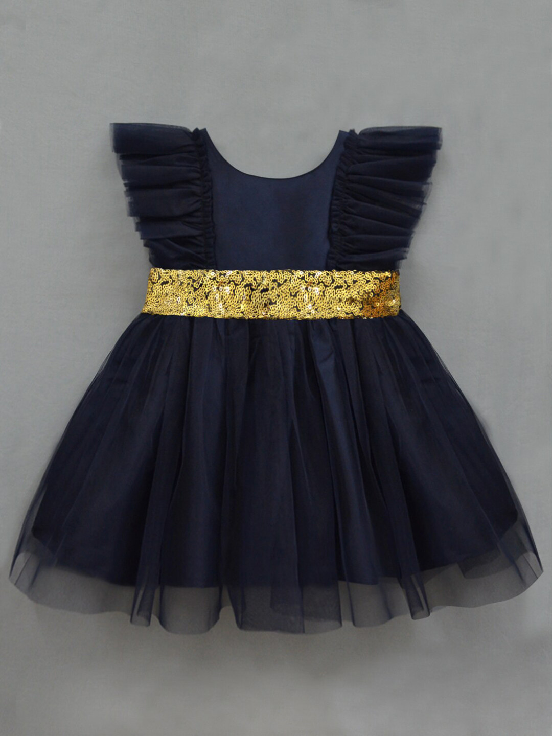A T U N Girls Navy Blue Net Fit & Flare Party Dress With Flutter Sleeves
