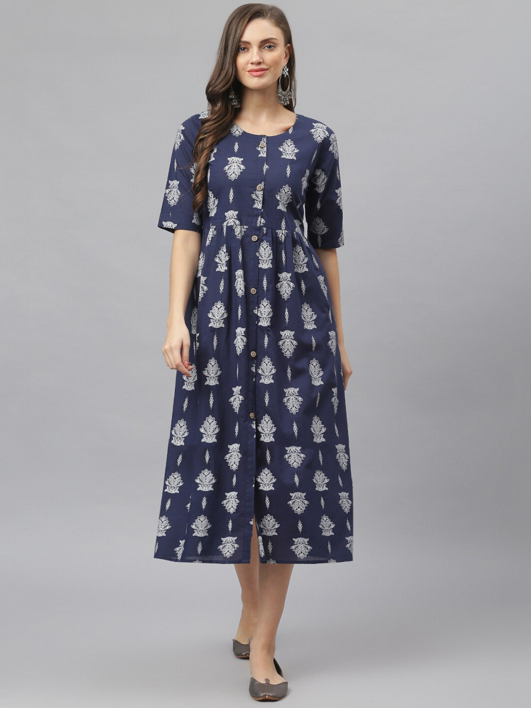 Stylum Women Navy Blue & White Pure Cotton Ethnic Motifs A-Line Midi Dress