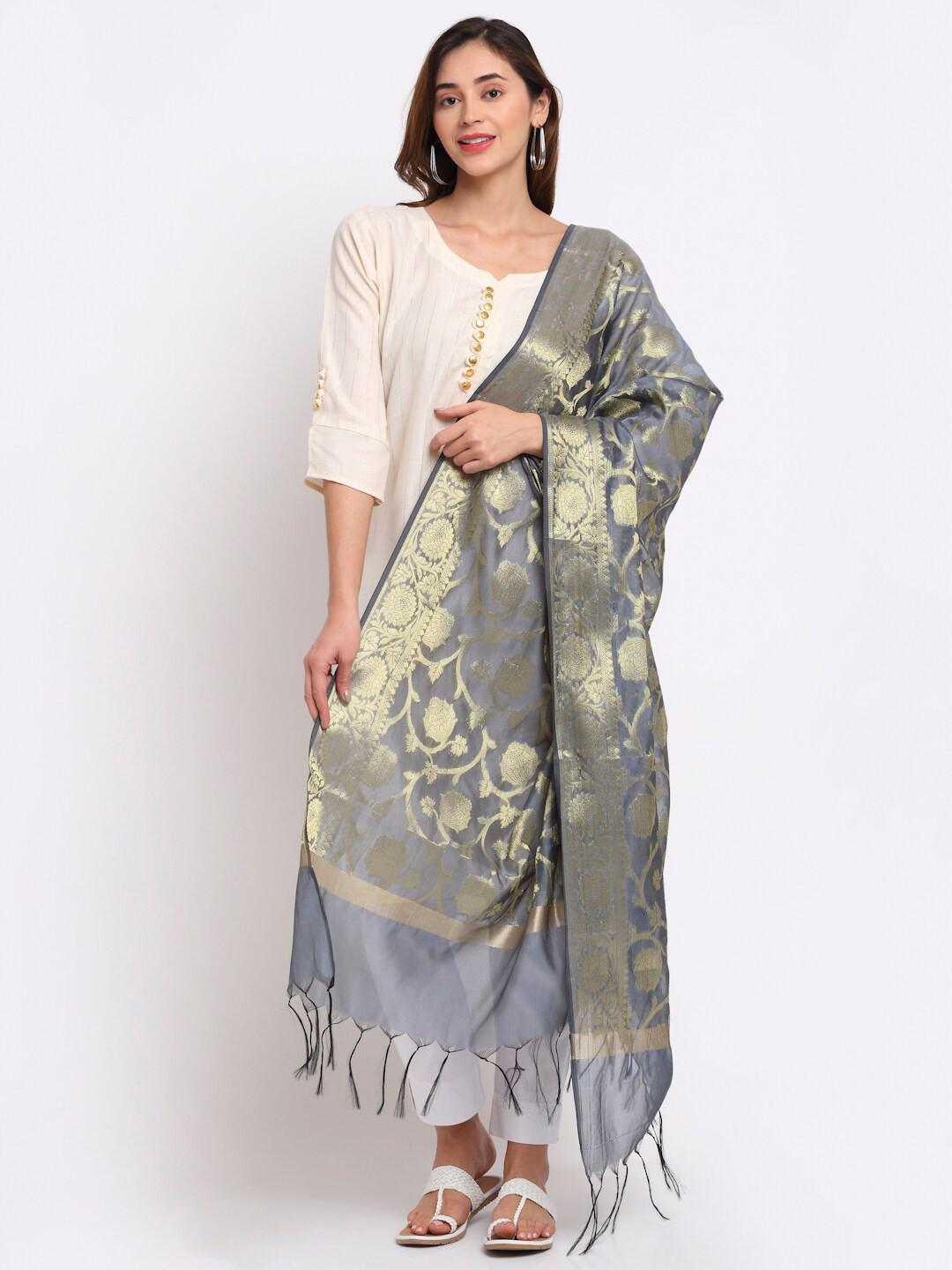 LOOM LEGACY Grey & Gold-Toned Woven Design Cotton Silk Jacquard Dupatta