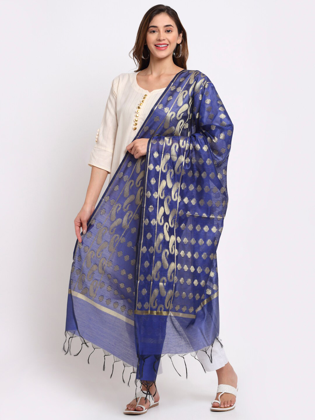 LOOM LEGACY Blue & Gold-Toned Woven Design  Jacquard Cotton Silk Dupatta