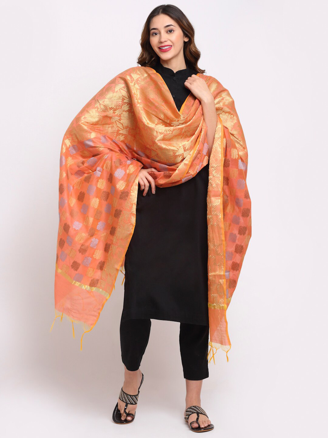 LOOM LEGACY Orange & Gold-Toned Woven Design Cotton Silk Jacquard Dupatta with Zari