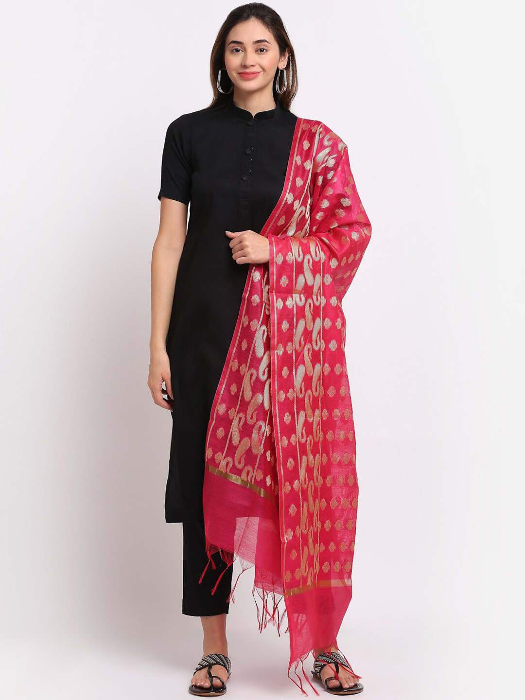 LOOM LEGACY Magenta & Gold-Toned Woven Design Cotton Silk Dupatta with Zari