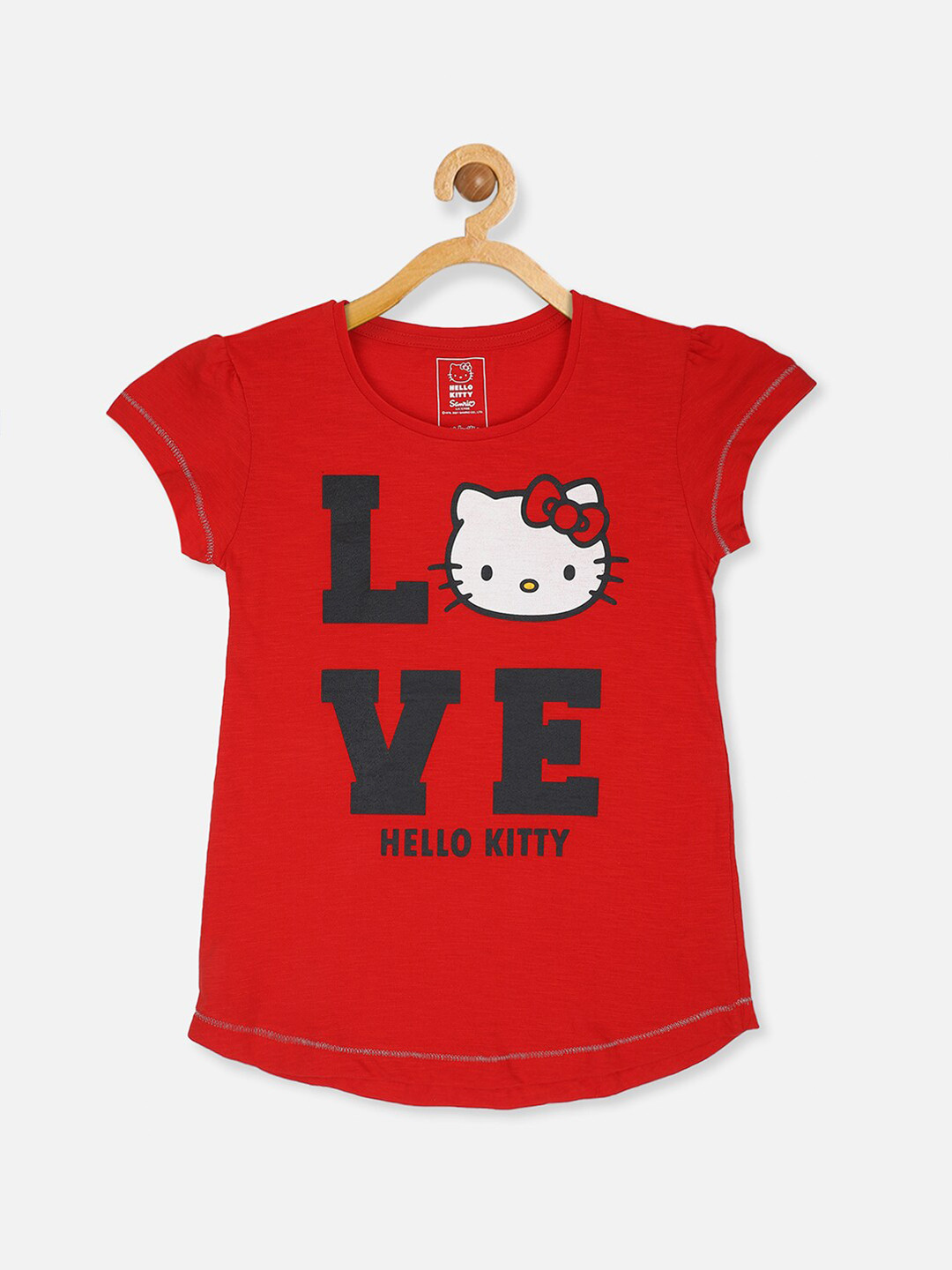 Kids Ville Girls Red & Black Hello Kitty Print Puff Sleeves Pure Cotton T-shirt