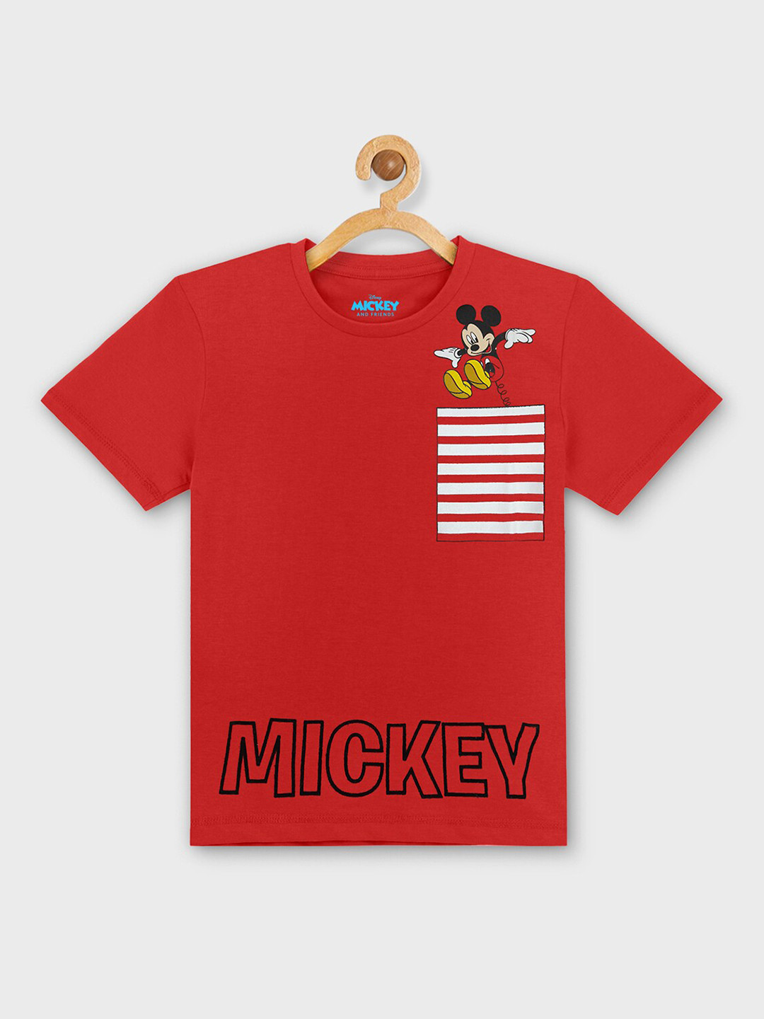 Kids Ville Boys Red Typography Mickey Mouse Printed Pockets T-shirt