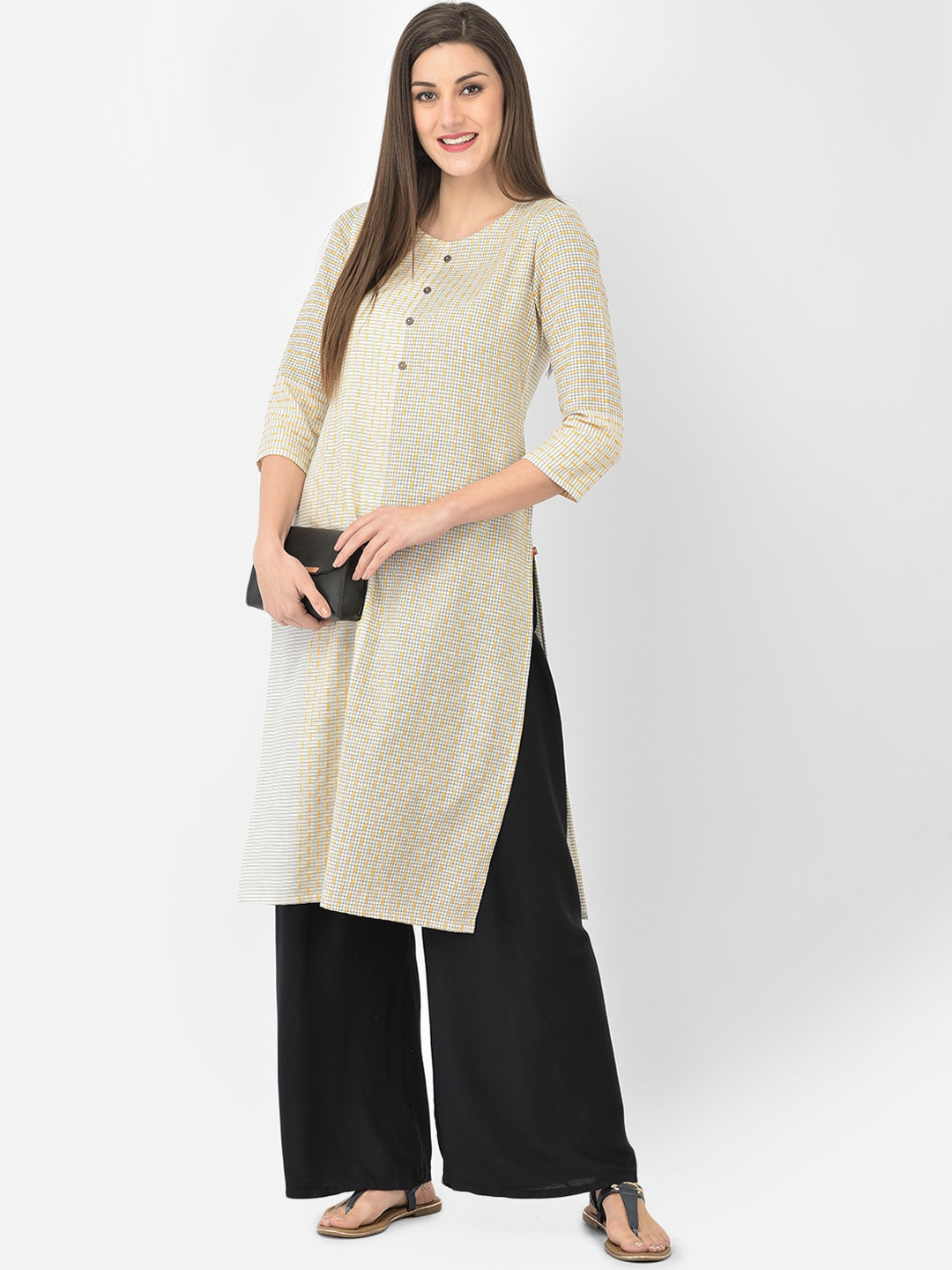 Span Women Yellow & Grey Checked Kurta