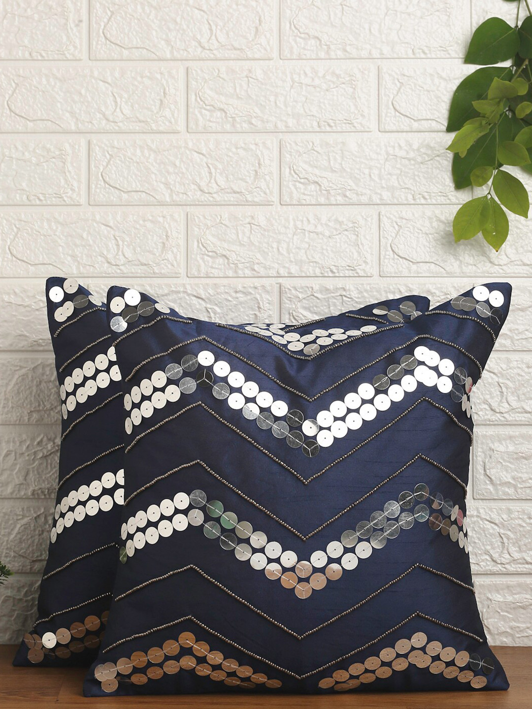 Alina decor Blue Set Of 2 Sequins Embellished Square Cushion Covers