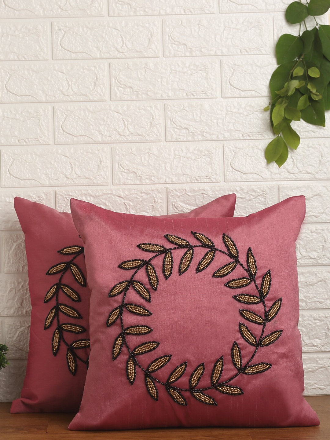 Alina decor Pink & Mustard Set of 2 Embellished Square Cushion Covers
