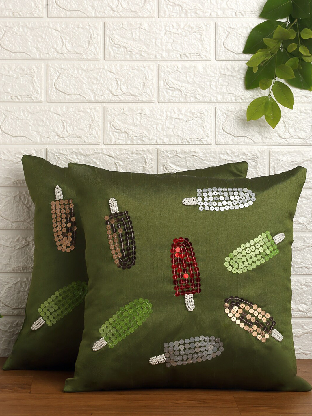 Alina decor Olive Embellished Polyester Anti-Wrinkle 2 Pcs Cushion Covers - 16 x 16 Inches