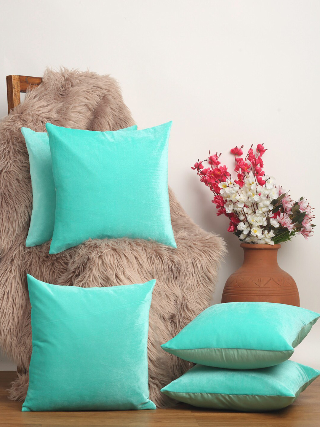 Alina decor Pack Of 5 Sea Green Embellished Square Cushion Covers