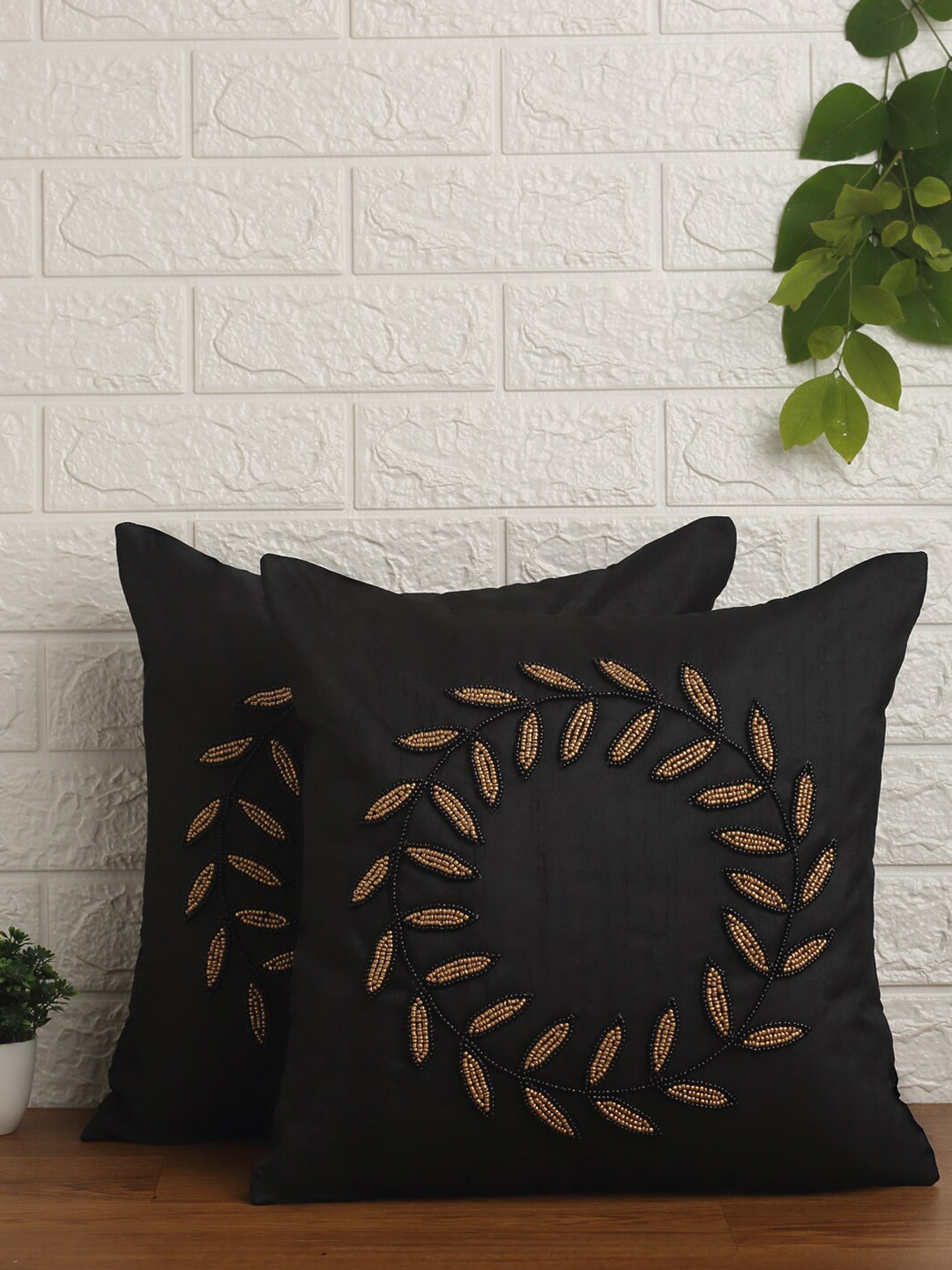 Alina decor Pack Of 2 Black Embellished Square Cushion Cover