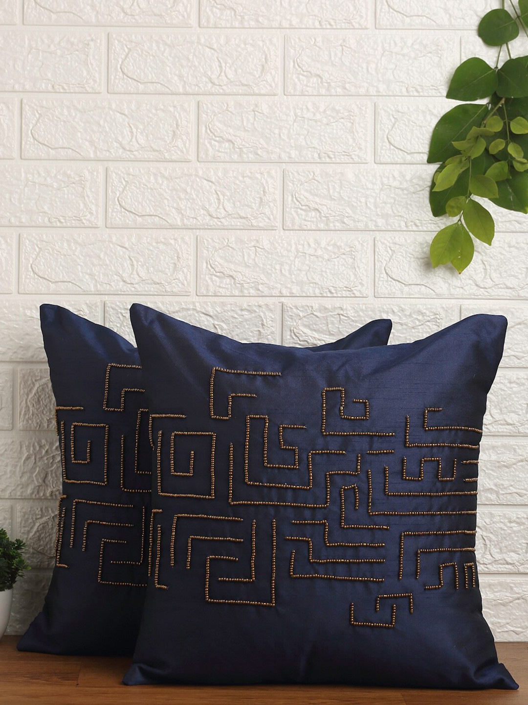 Alina decor Blue Embellished Polyester Quick-Dry 2 Pcs Square Cushion Covers - 16 x 16 In