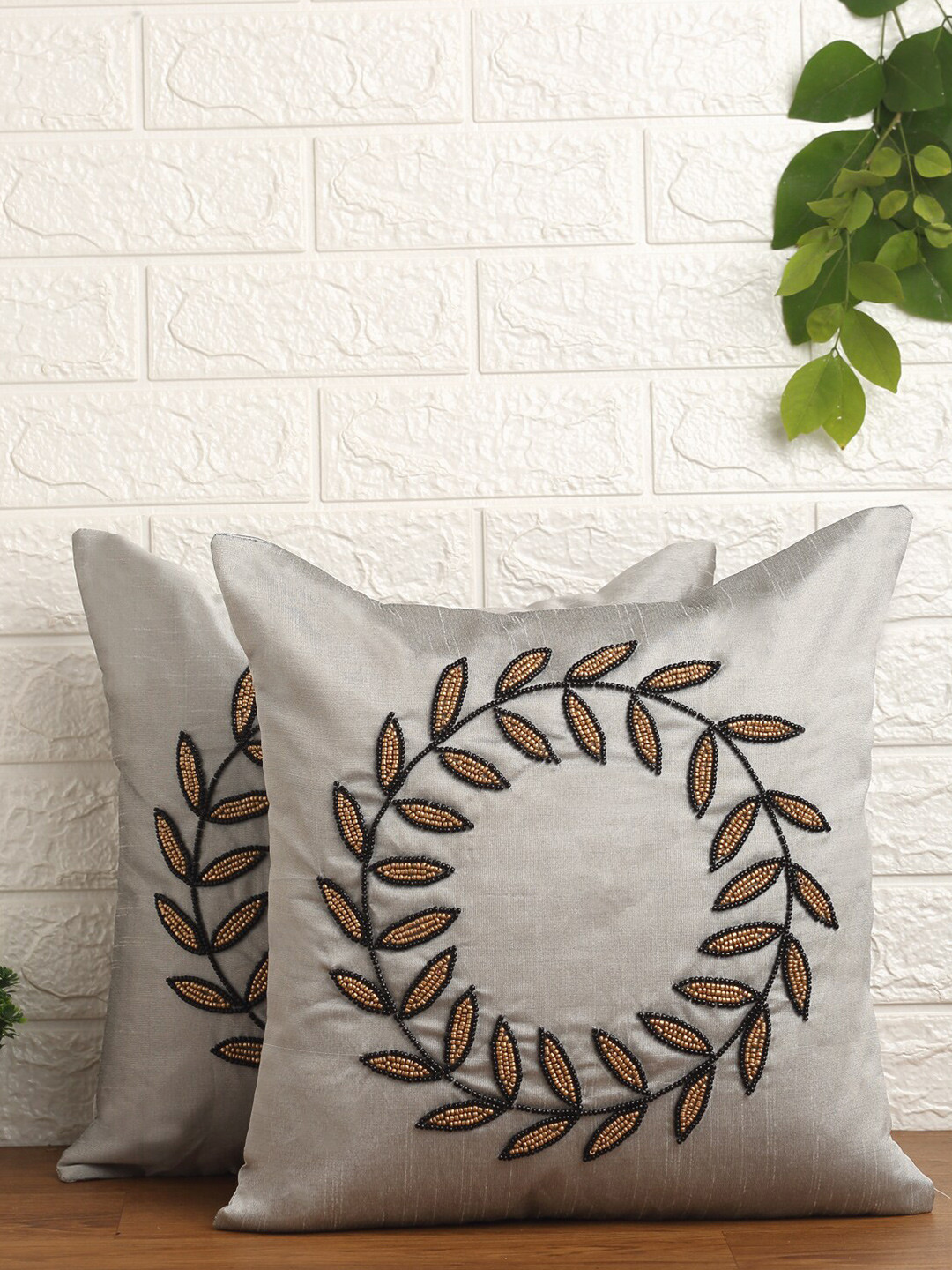 Alina decor Grey & Black Set of 2 Embroidered Square Cushion Covers