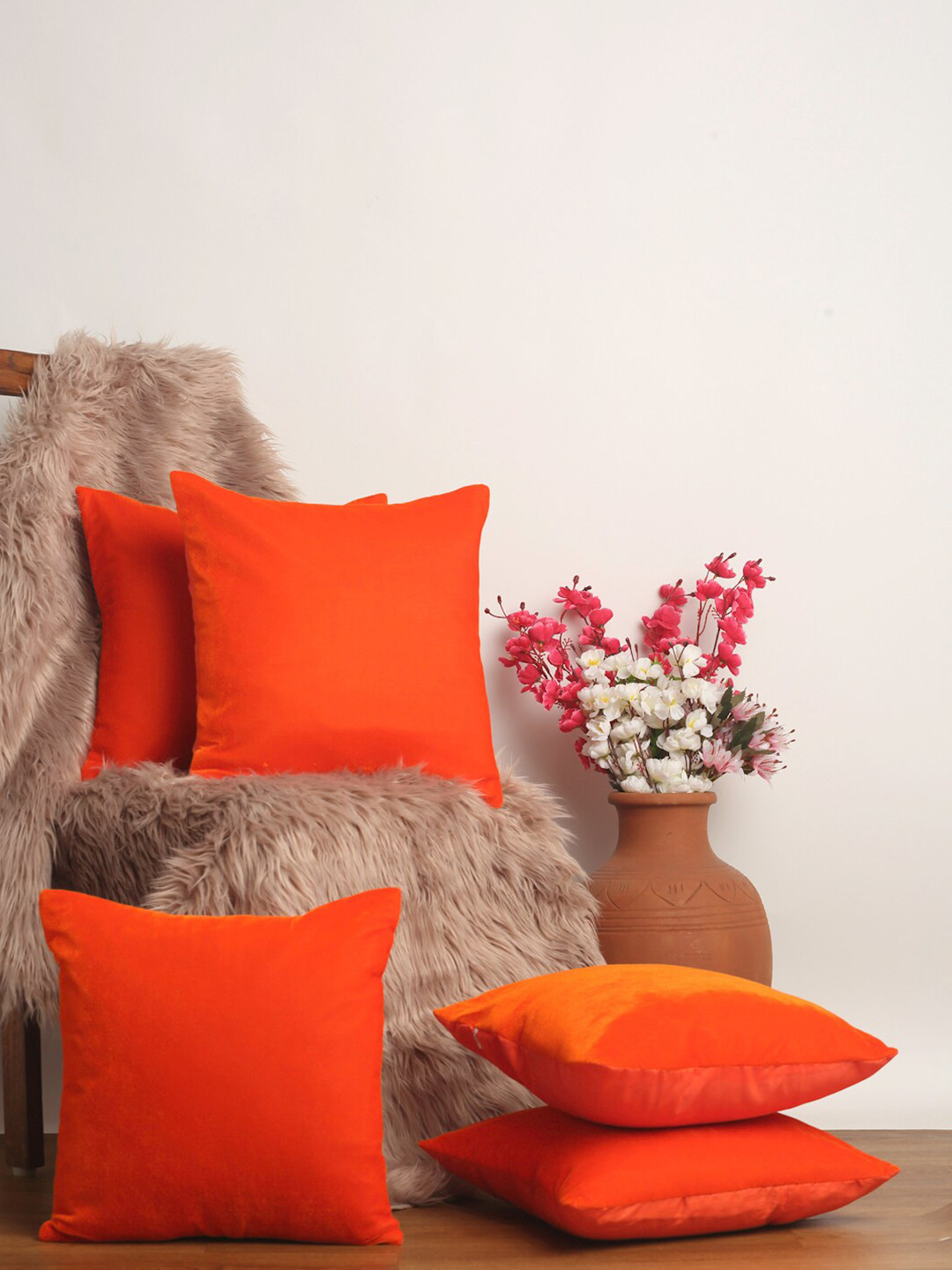 Alina decor Orange Velvet Washable 5 Piece Square Cushion Covers - 16 x 16 Inches