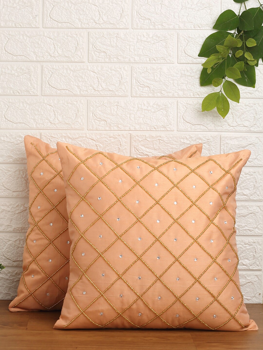 Alina decor Peach-Coloured & White Set of 2 Embroidered Square Cushion Covers