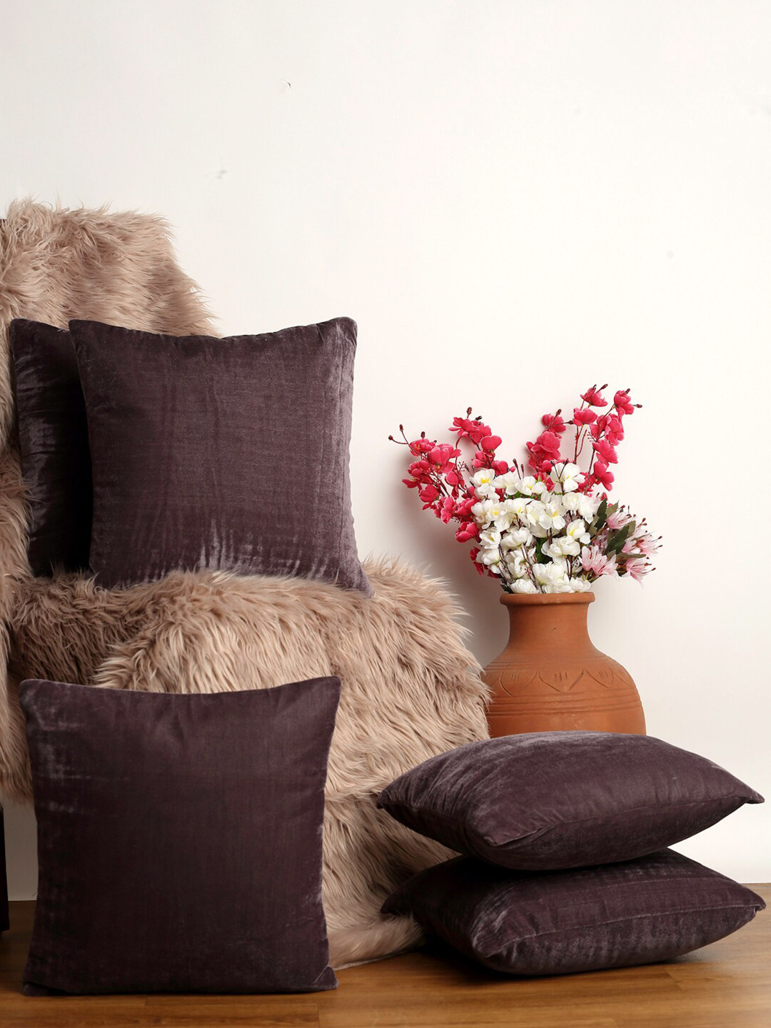 Alina decor Brown Velvet Durable 5 Piece Square Cushion Covers -16x16In