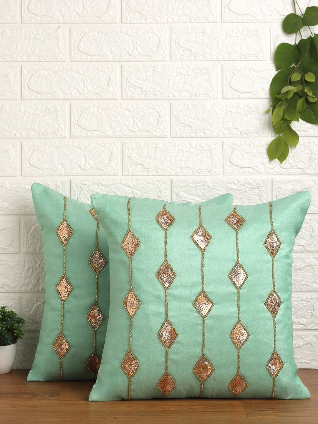 Alina decor Sea Green & Copper-Toned Set of 2 Embroidered Square Cushion Covers