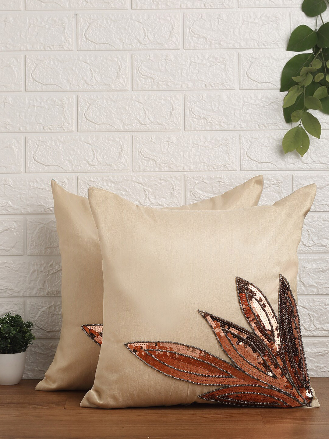 Alina decor Pack Of 2 Beige Embellished Square Cushion Cover