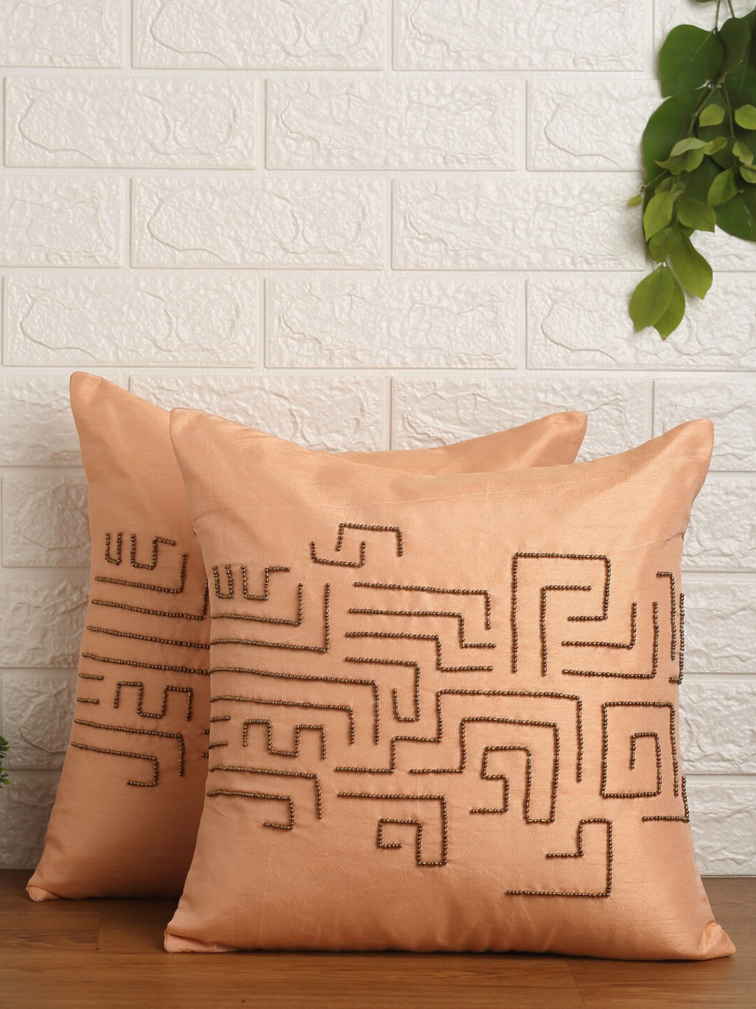 Alina decor Peach-Coloured & Copper-Toned Set of 2 Embroidered Square Cushion Covers