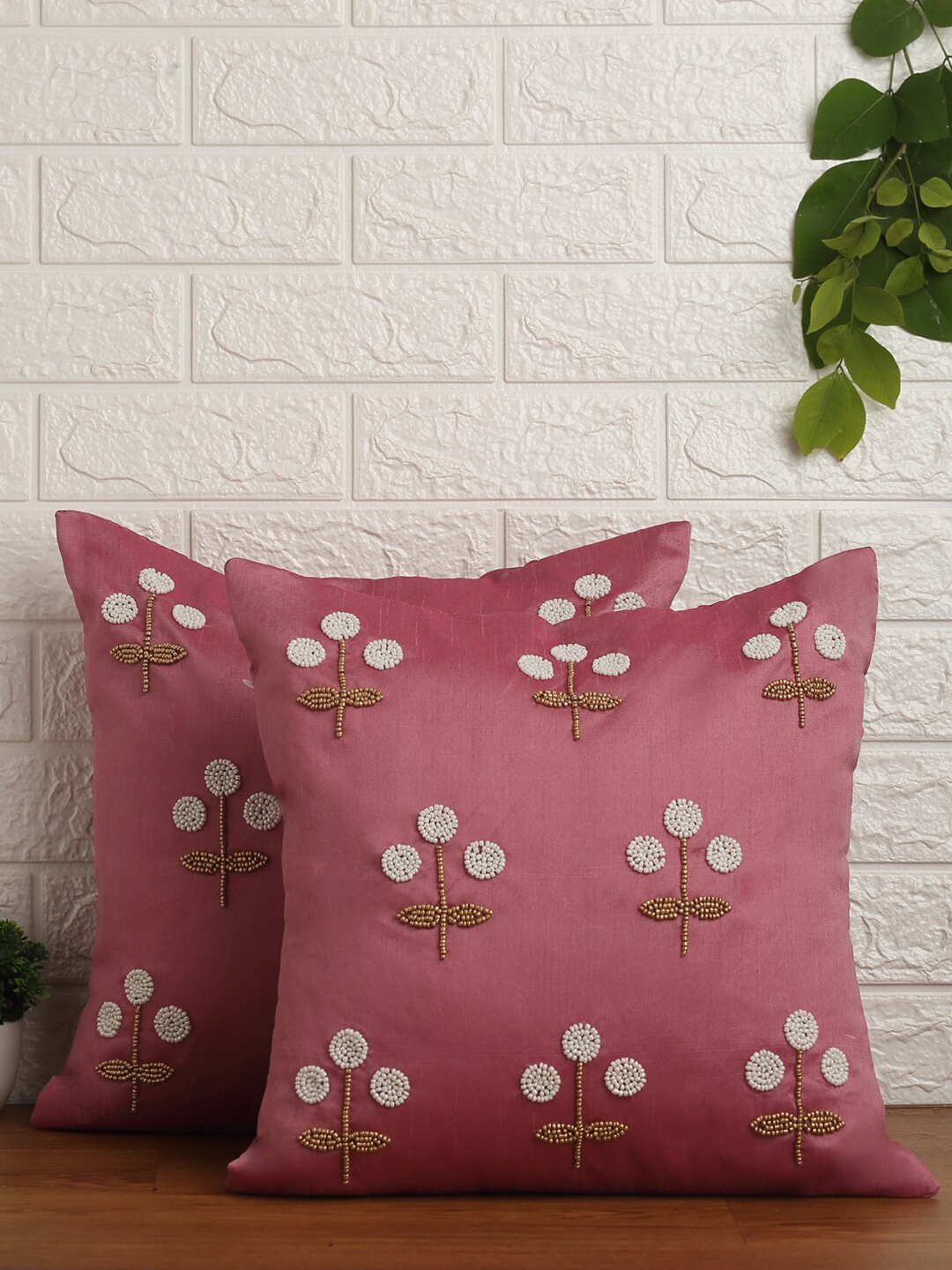 Alina decor Pink & White Set of 2 Embroidered Square Cushion Covers
