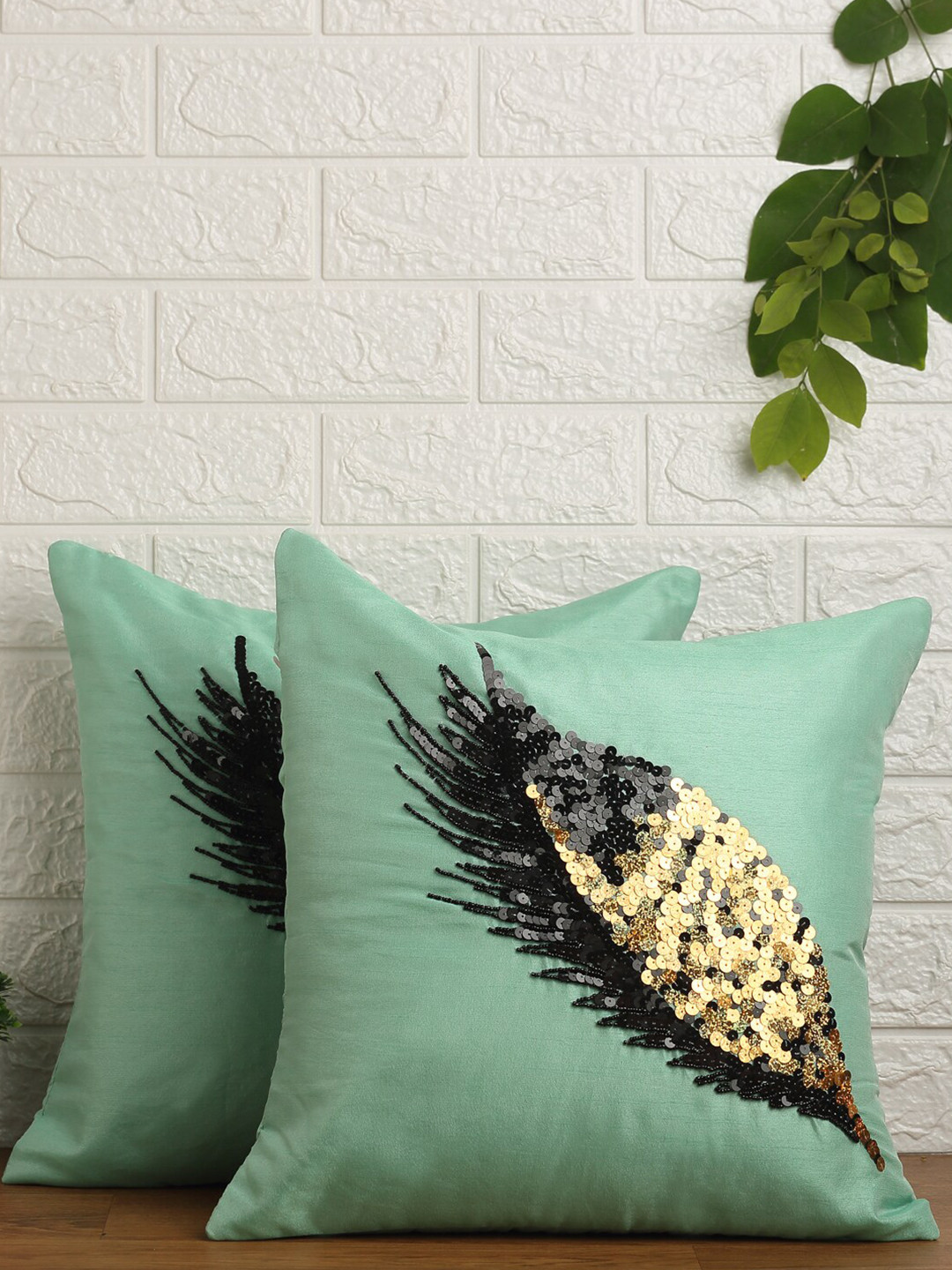 Alina decor Sea Green & Copper-Toned Set of 2 Embroidered Square Cushion Covers
