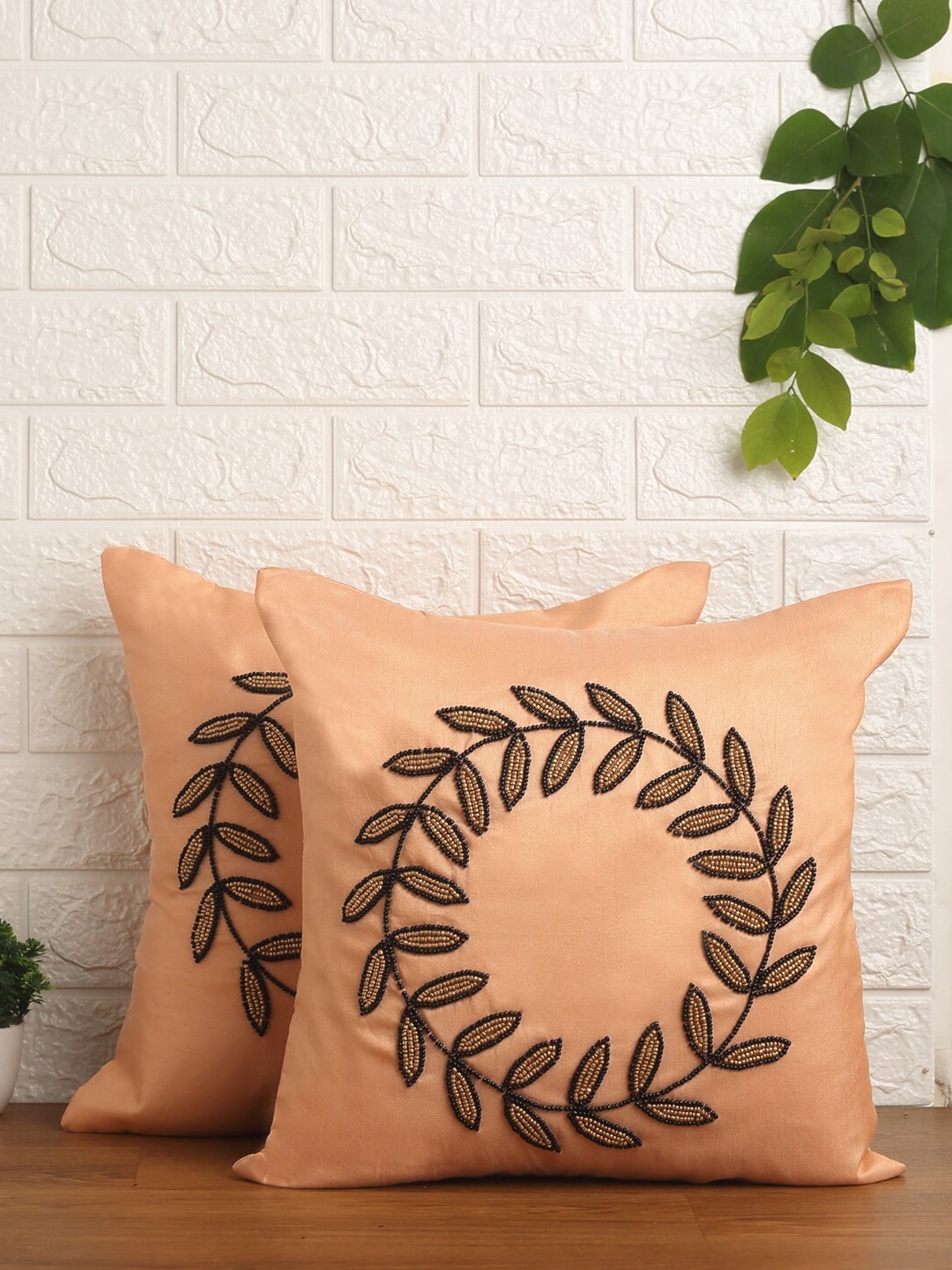 Alina decor Peach-Coloured & Brown Set of 2 Embroidered Square Cushion Covers
