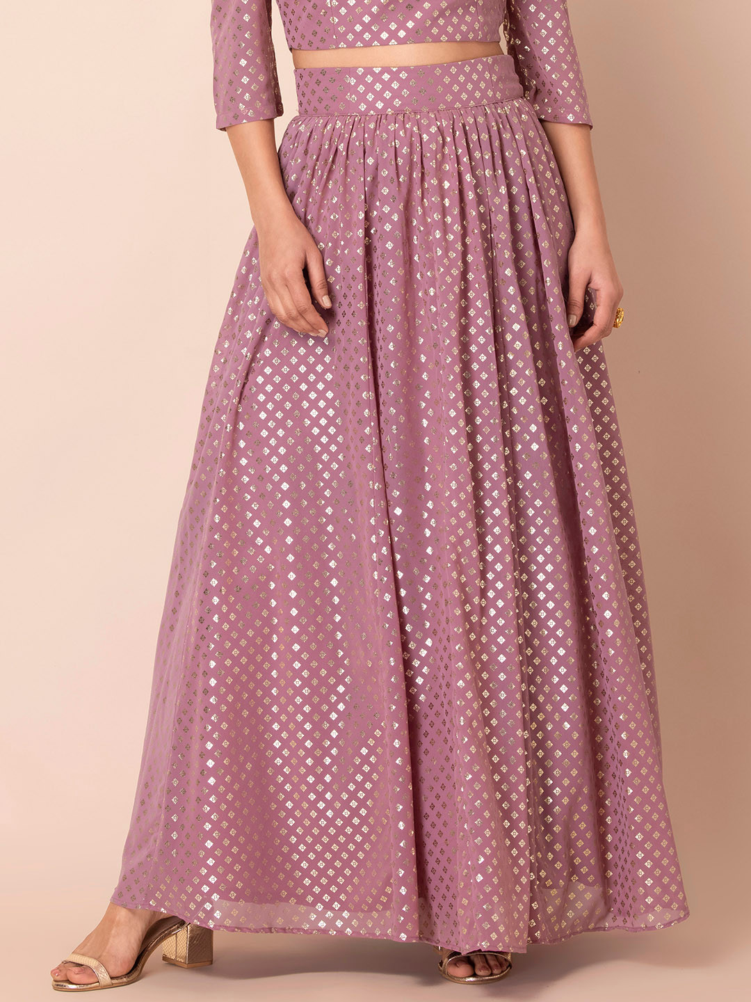 INDYA Women Pink & Gold-Coloured Printed Maxi Skirt