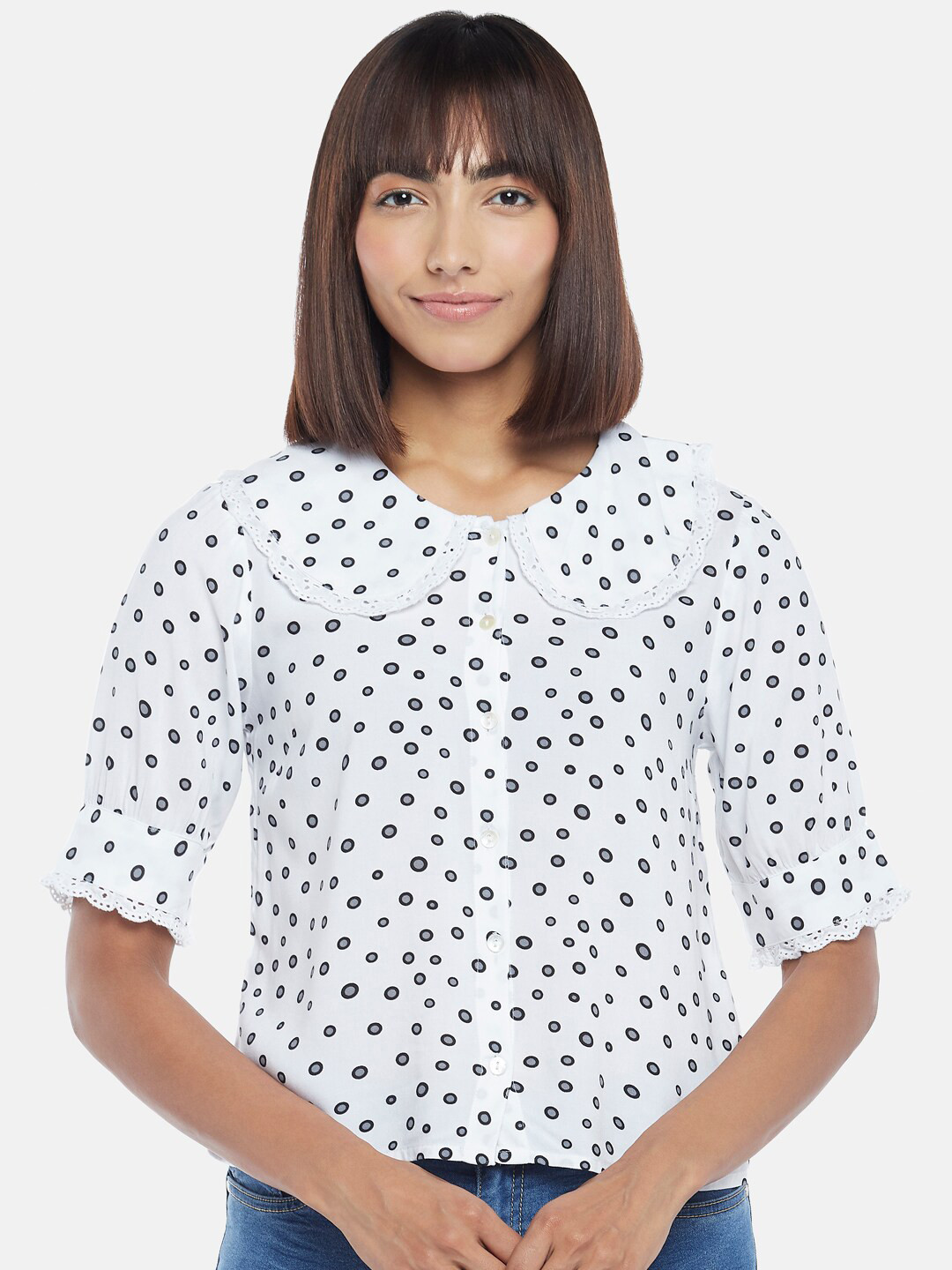 People Women White & Black Polka Dots Printed Casual Shirt