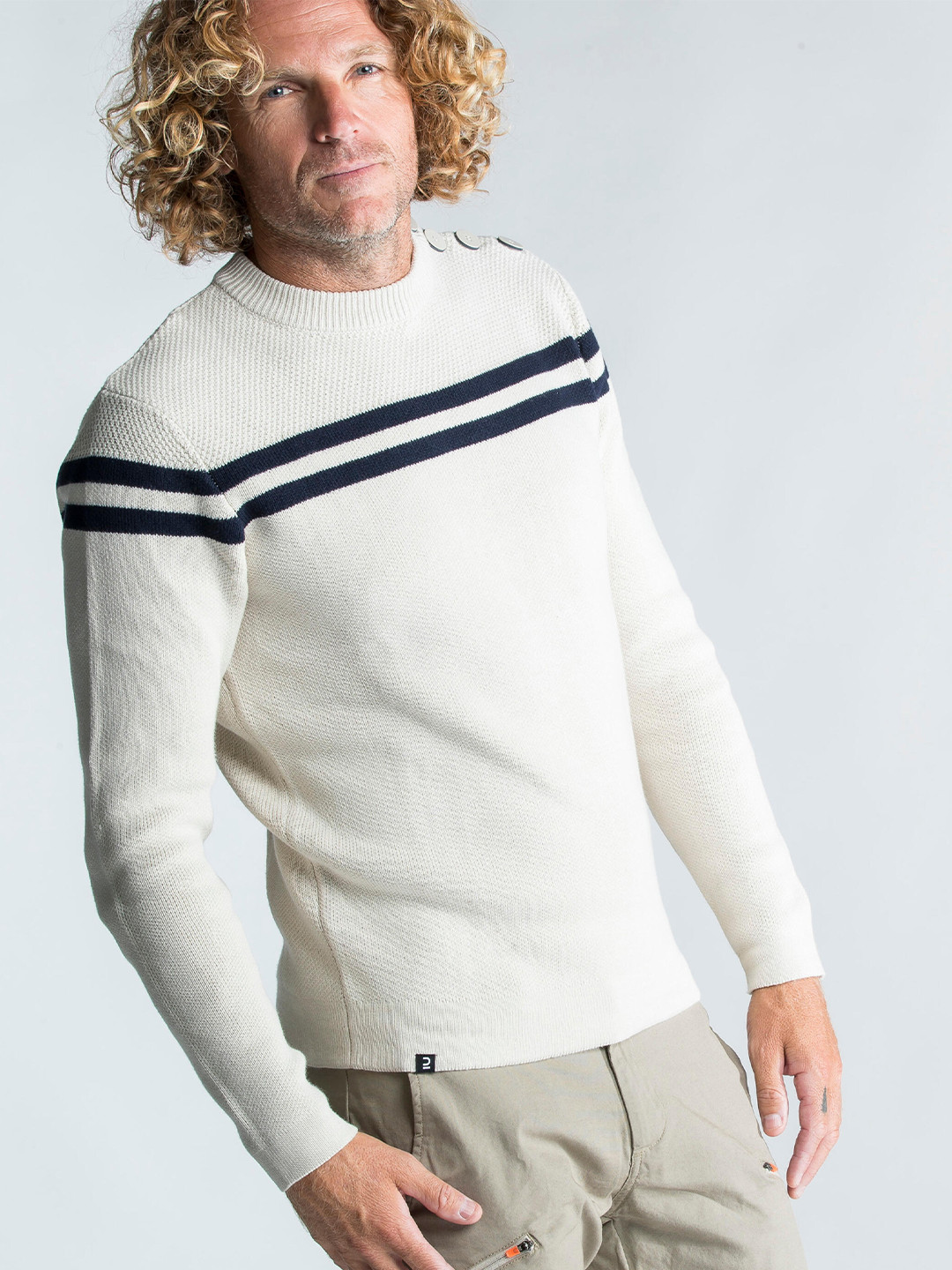 Decathlon  Men White & Navy Blue Striped Sailor Pure Cotton Surfing and Kayaking Pullover