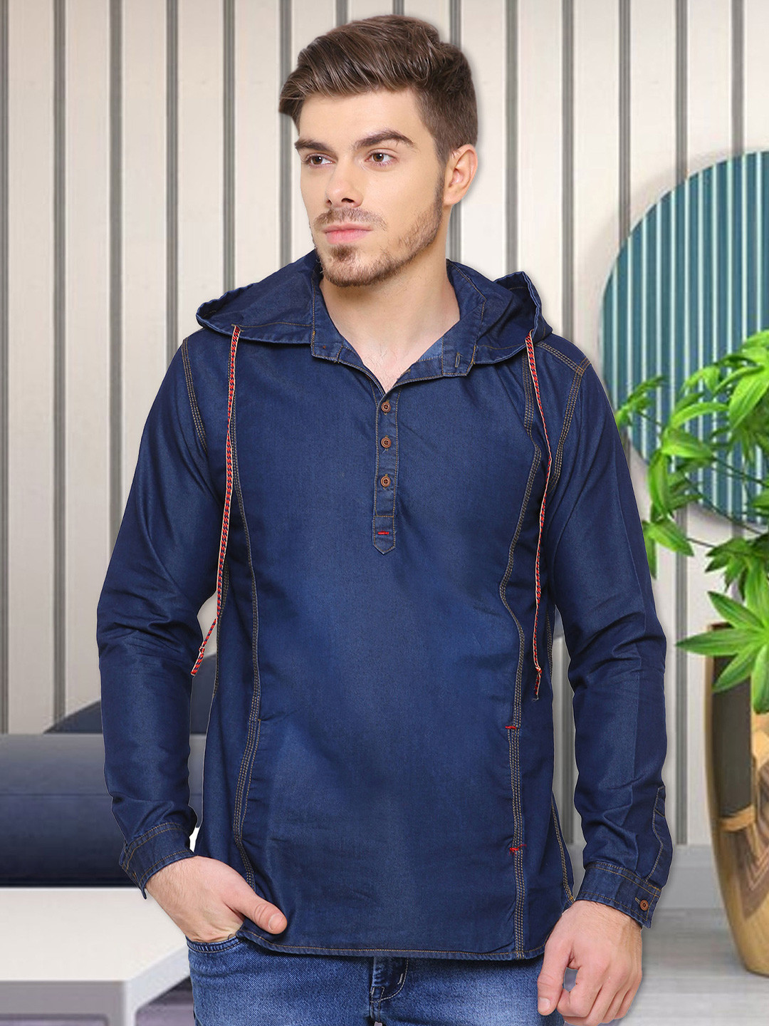 Kuons Avenue Men Blue Smart Hooded Slim Fit Casual Shirt