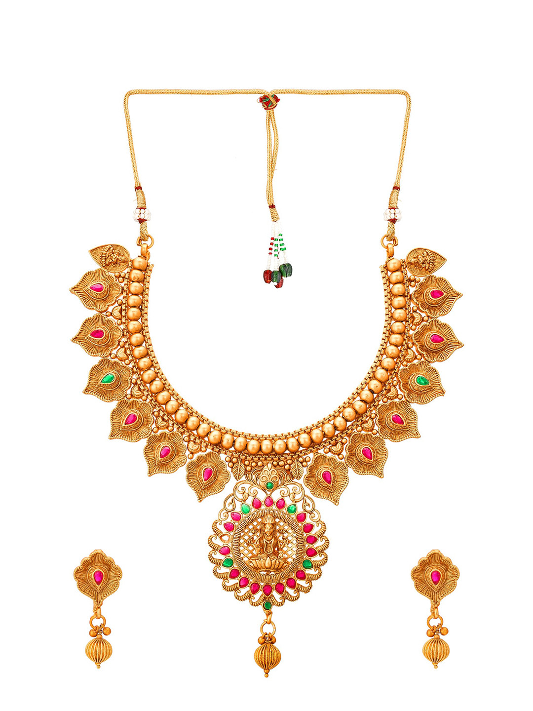 aadita Gold-Plated Green & Red Beaded Choker Jewellery Set