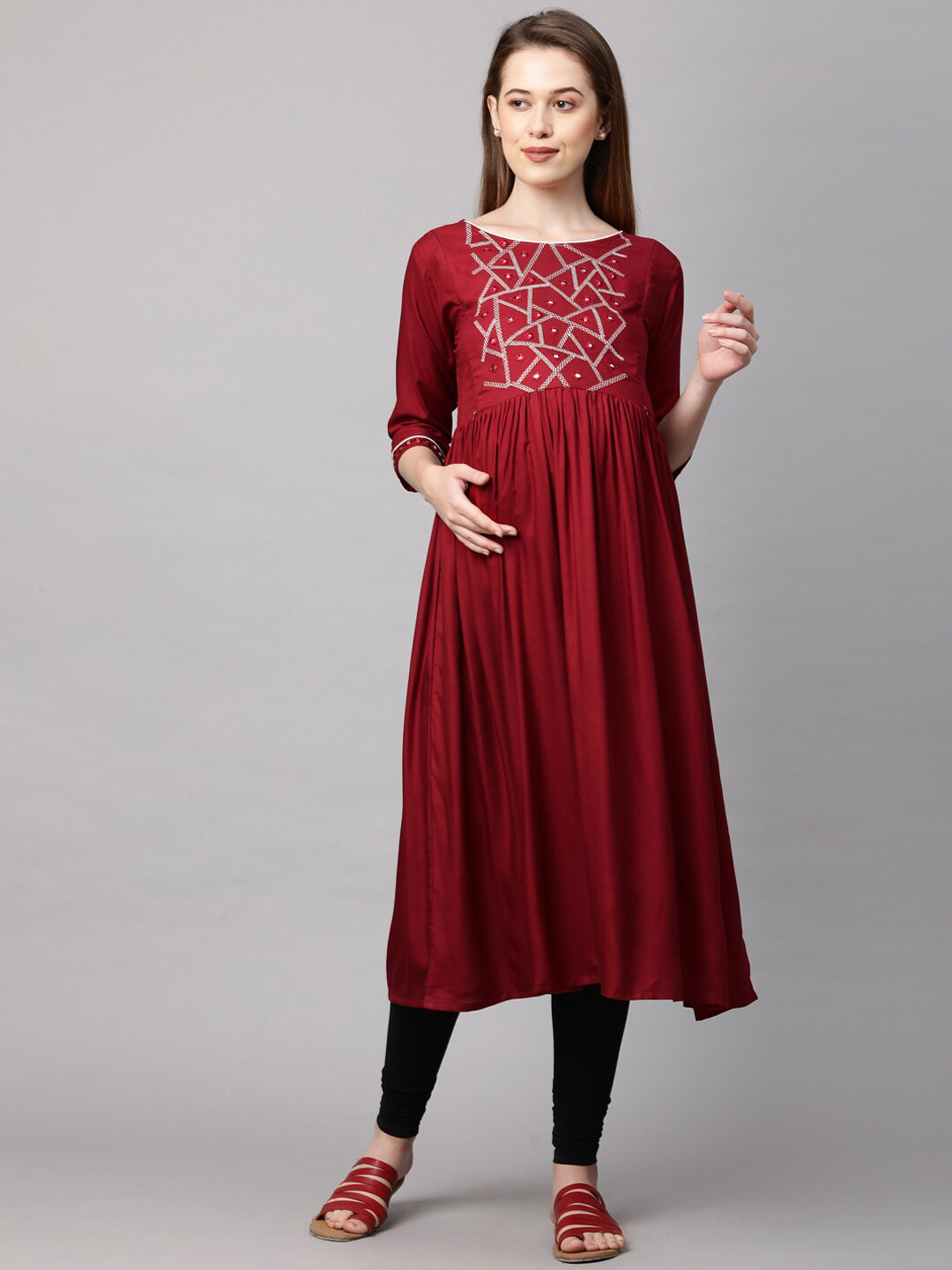 MomToBe Women Maroon Ethnic Motifs Maternity Nursing Sustainable Kurta