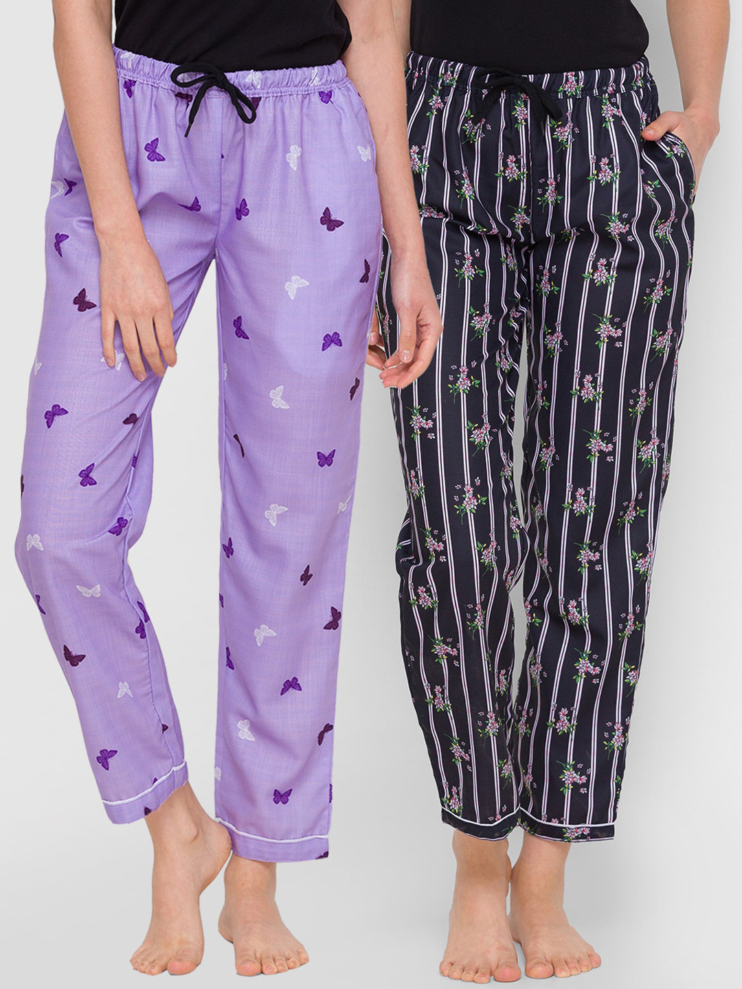 FashionRack Women Pack Of 2 Purple & Black Striped Cotton Lounge Pants