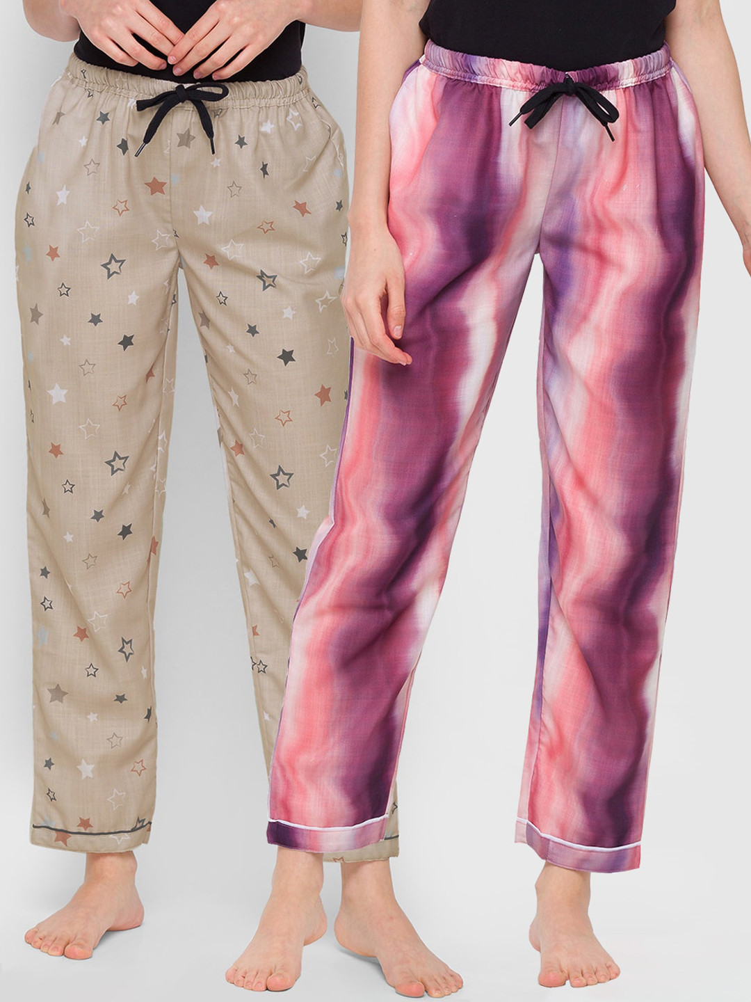 Kryptic Woman Pack Of 2 Purple & Beige 100% Cotton Lounge Pants