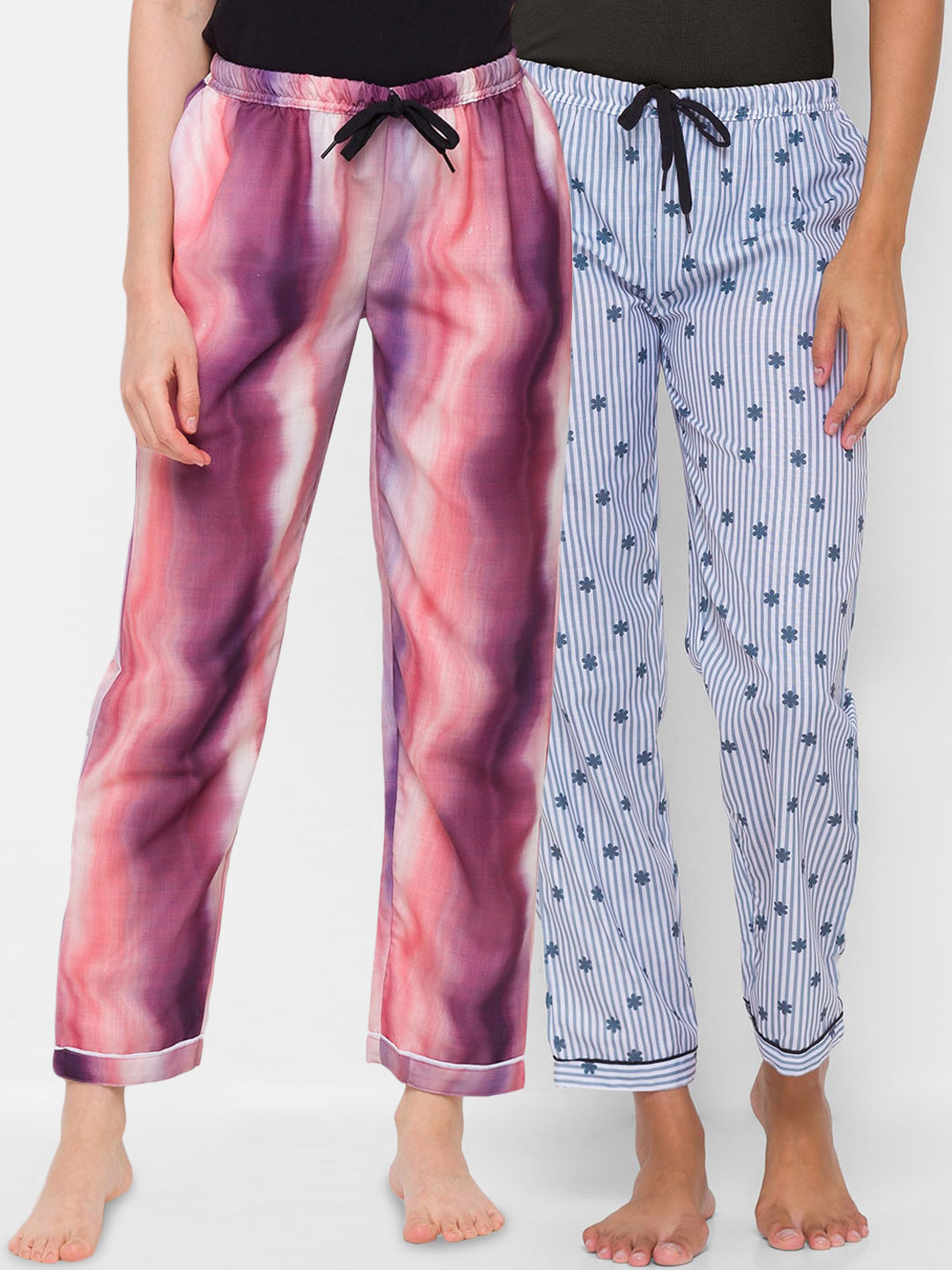 FashionRack Women Pack Of 2 Purple & Grey Printed Cotton Lounge Pants