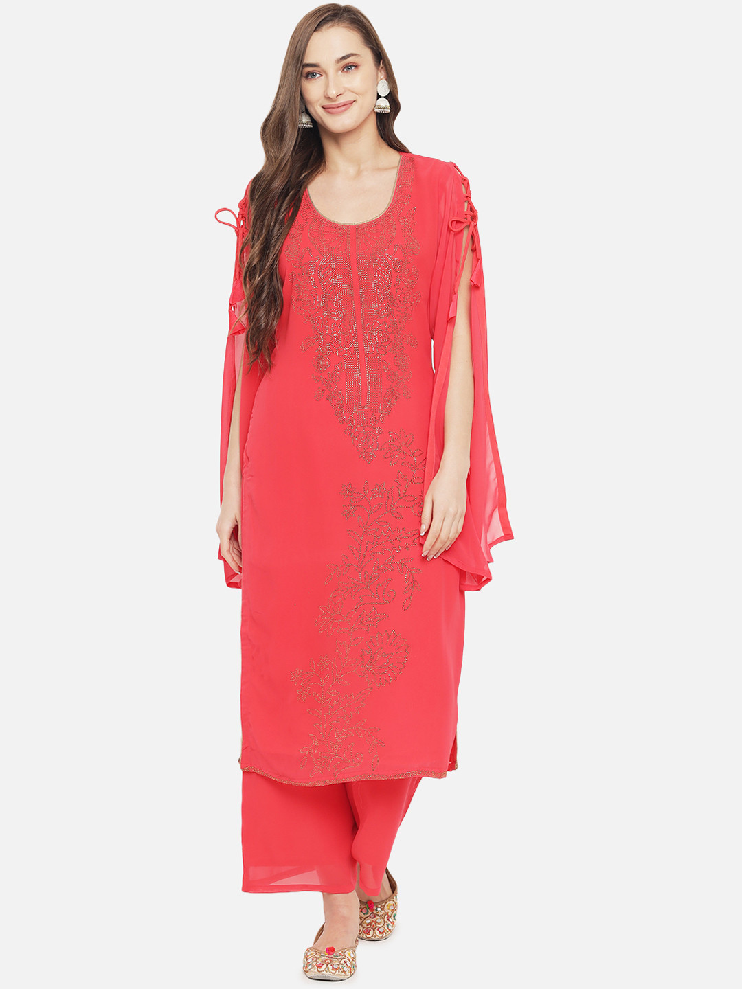 Aujjessa Women Coral Ethnic Motifs Embroidered Beads and Stones Kurta with Palazzos