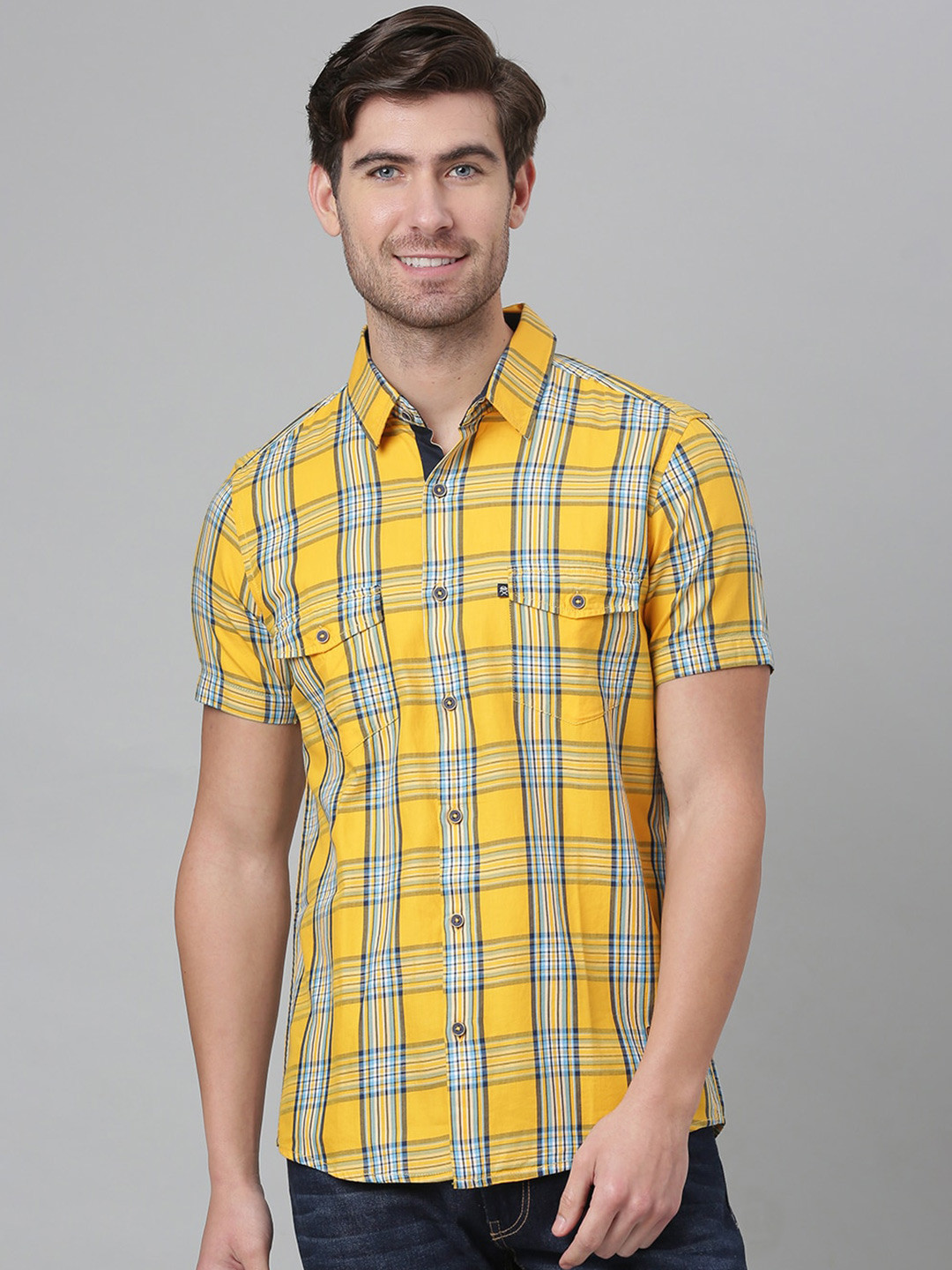 Thomas Scott Men Yellow Slim Fit Checked Cotton Casual  Shirt