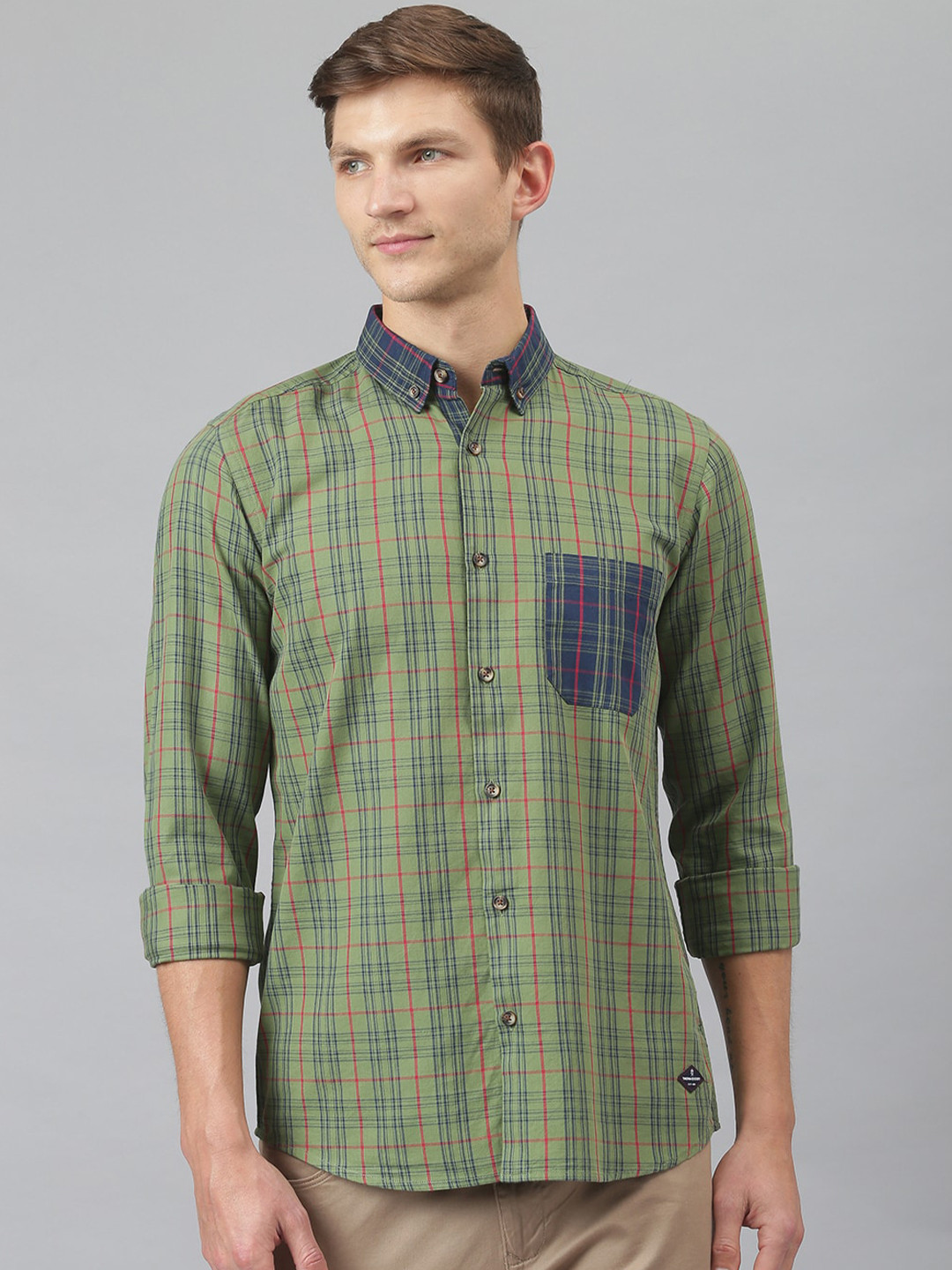 Thomas Scott Men Green & Navy Blue Slim Fit Checked Cotton Casual Shirt