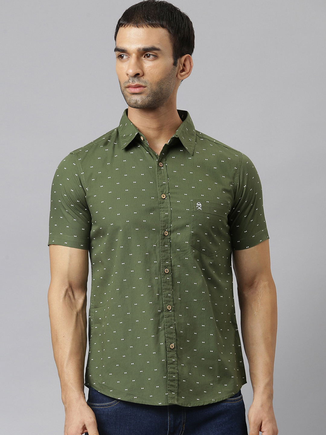 Thomas Scott Men Green & White Printed Slim Fit Printed Cotton Casual  Shirt