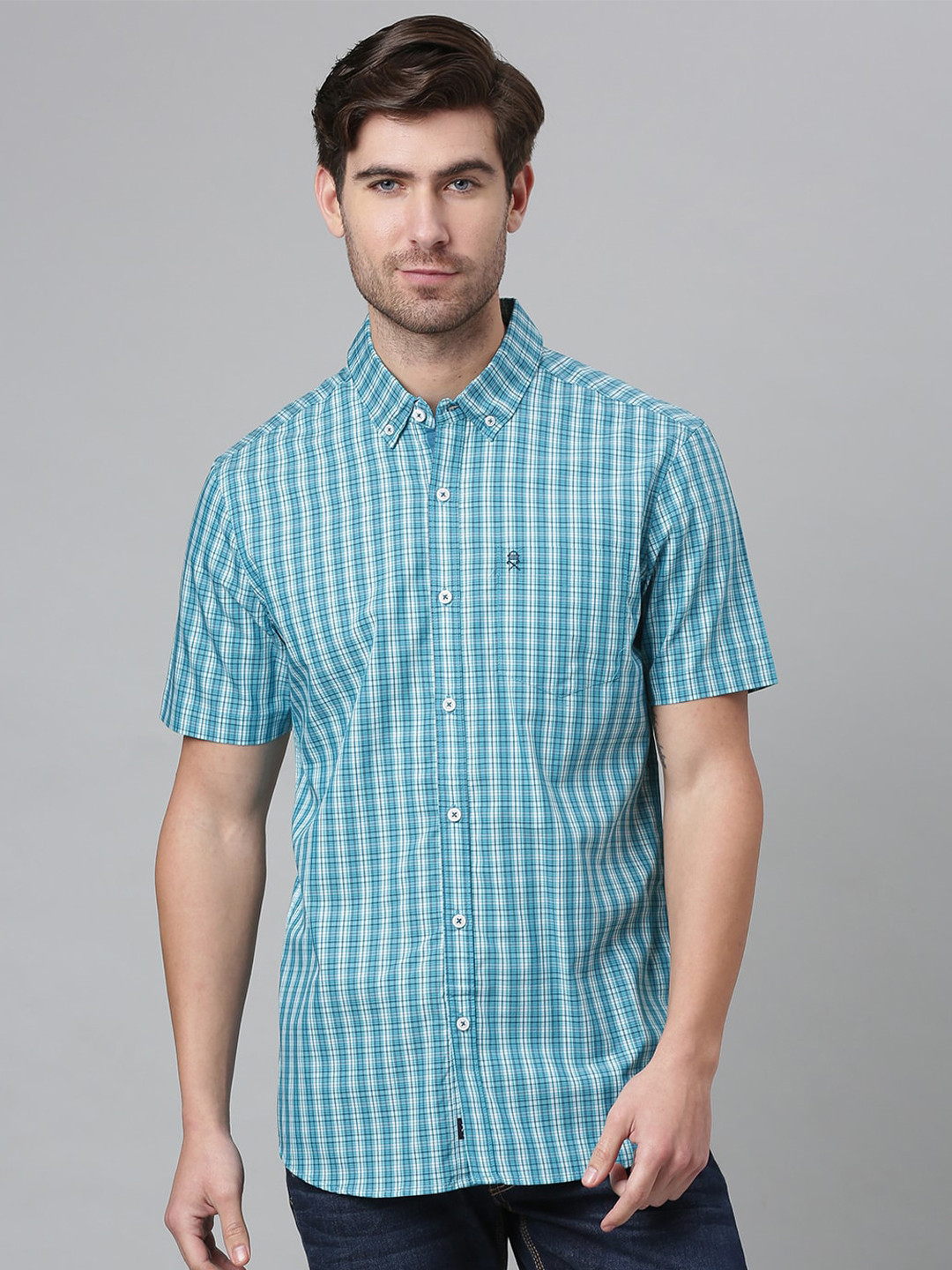Thomas Scott Men Blue & White Gingham Checks Checked Cotton Casual Regular Fit Shirt