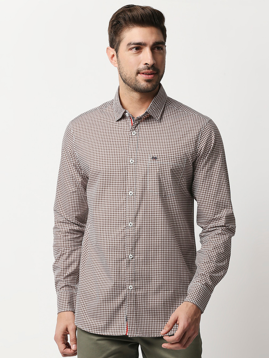 Thomas Scott Men Brown Gingham Checked Pure Cotton Casual Sustainable Regular Fit Shirt