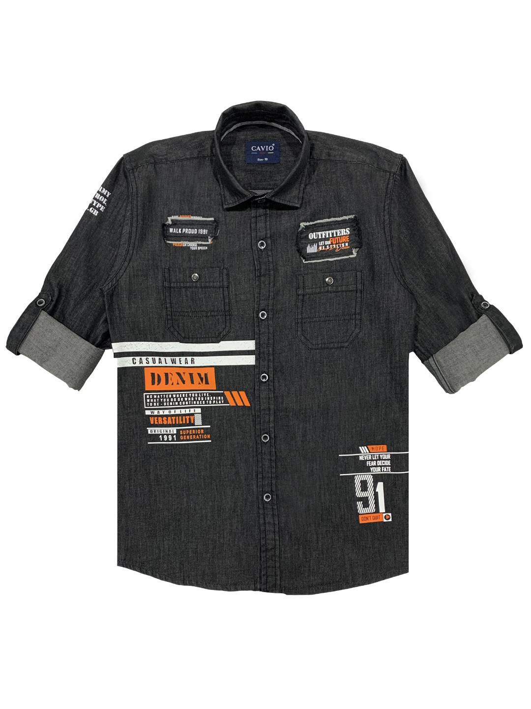 CAVIO Boys Black Plaecement Printed Denim Casual Shirt
