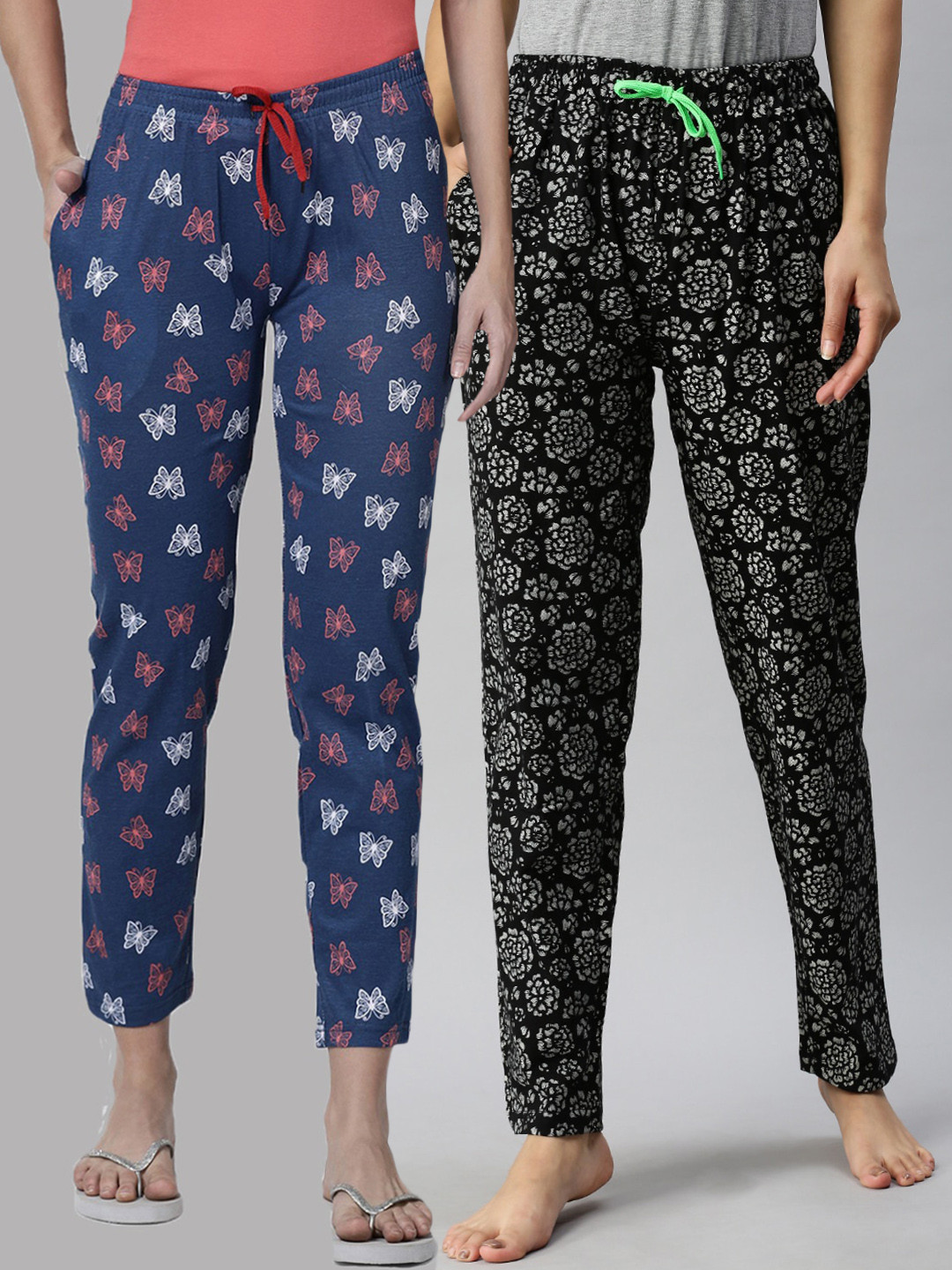 Kryptic Women Pack Of 2 Navy Blue & Black Printed Pure Cotton Lounge Pant
